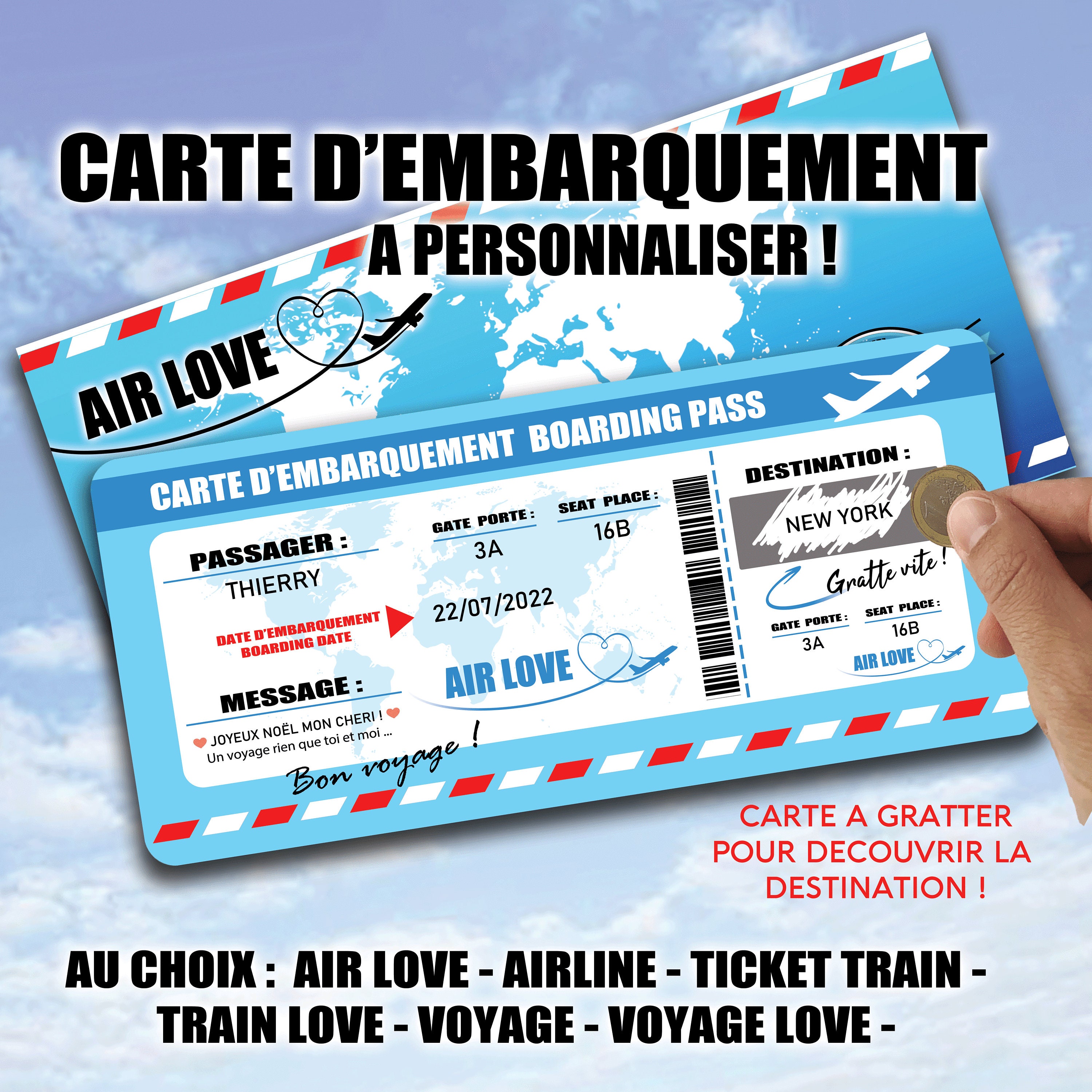 Crintiff - Carte d'embarquement de voyage surprise à personaliser - Ticket  voyage design boarding pass rose avec pochette 