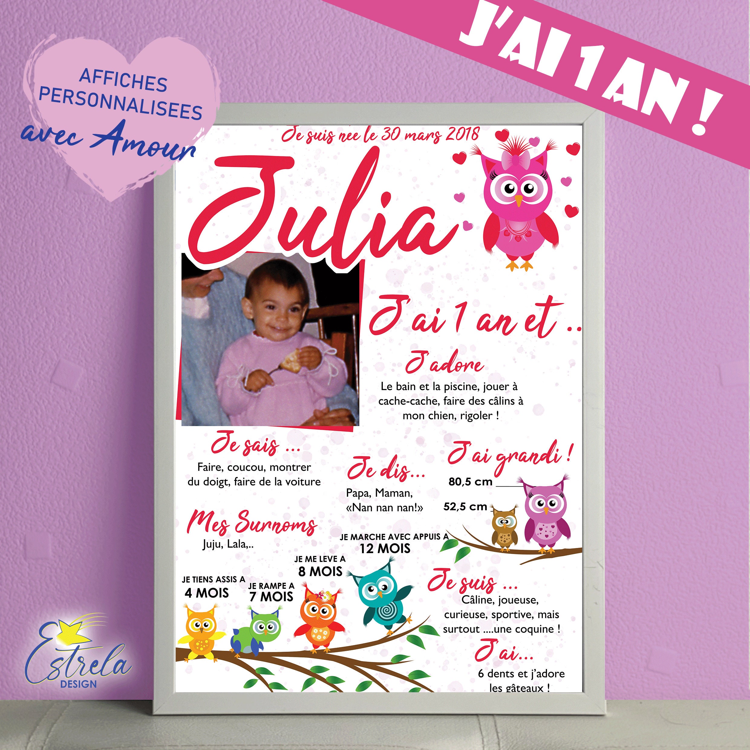 Affiche J'ai 1 An Thème Hibou Rose/Cadre à Offrir Cadeau Anniversaire - Affiche Personnalisée- Chamb