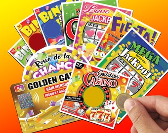 Lot of scratch tickets for PREGNANCY / WEDDING ANNOUNCEMENT ... fake scratch ticket, fdj scratch card with message, family dad announcement