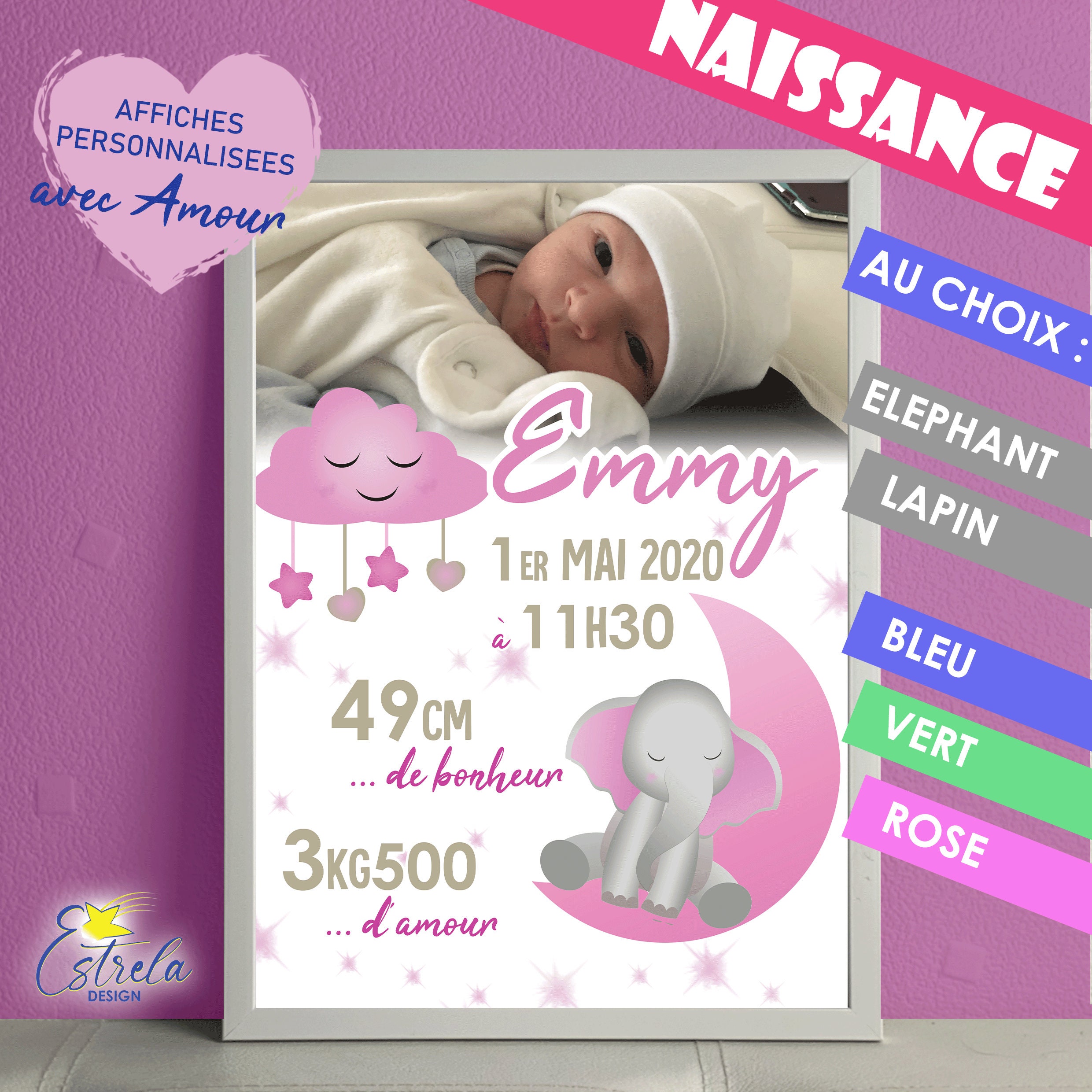 Affiche Naissance - Nuage Lune Éléphant ou Lapin Rose- Cadre à Offrir Cadeau Naissance Affiche Perso