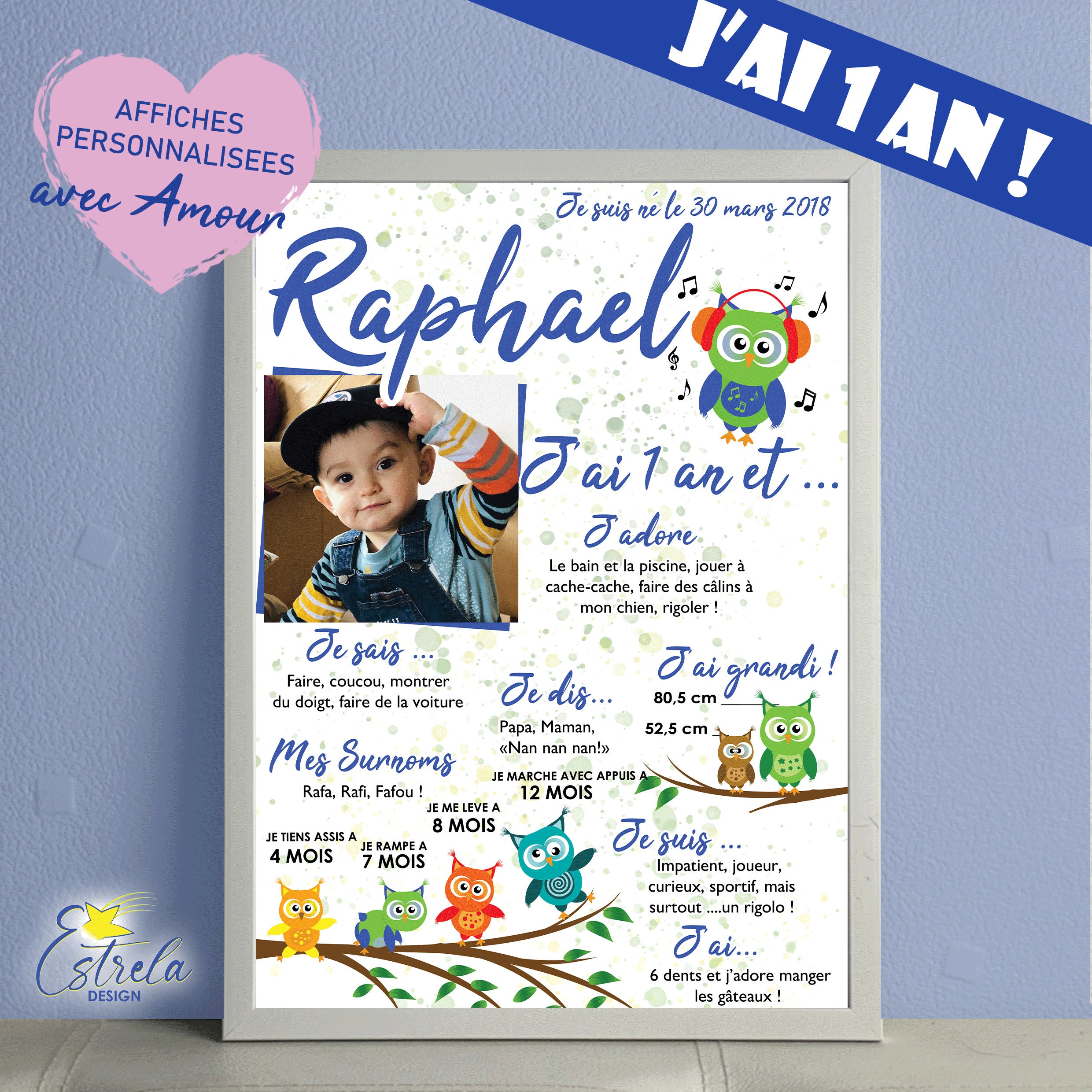 Affiche J'ai 1 An Thème Hibou Bleu/Cadre à Offrir Cadeau Anniversaire - Affiche Personnalisée- Chamb