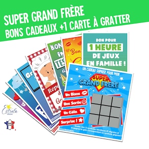 Futur GRAND FRERE / SOEUR !  7 bons + 1 carte à gratter à offrir !   boite à grand frère boite à grande soeur ! boite à papa