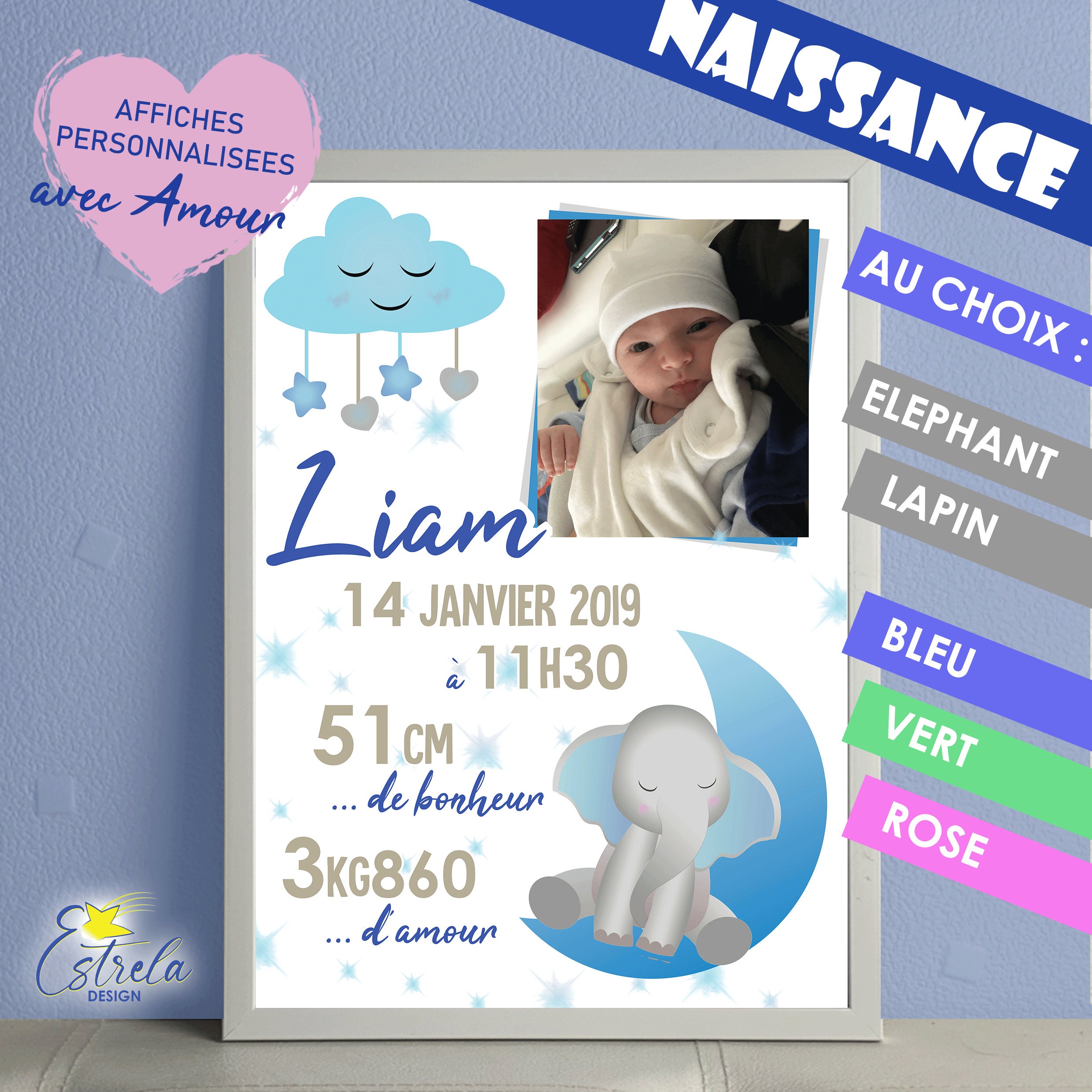 Affiche Naissance - Nuage Lune Éléphant ou Lapin Bleu Rose Vert Cadre à Offrir Cadeau Naissance Affi