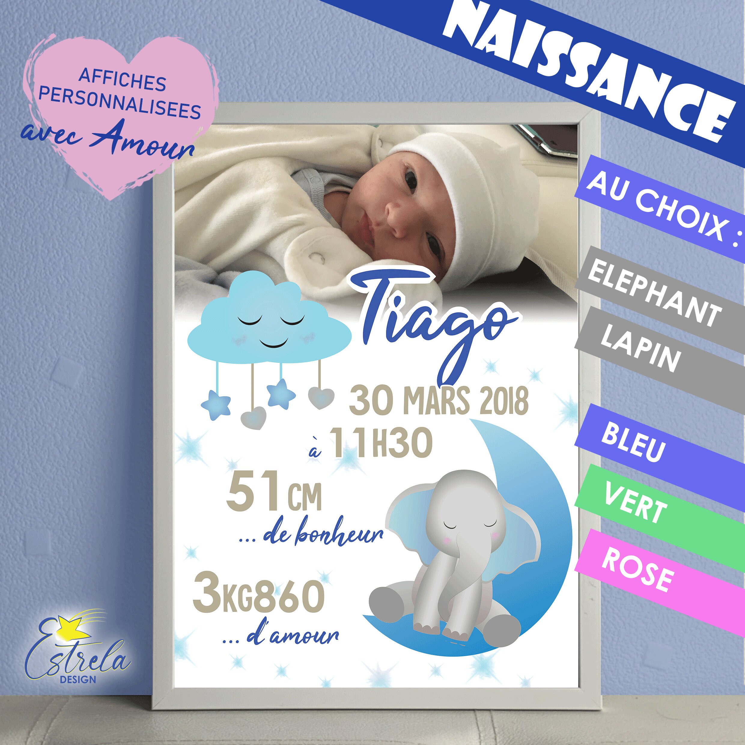 Affiche Naissance - Nuage Éléphant ou Lapin Bleu Rose Vert Cadre à Offrir Cadeau Naissance Affiche P