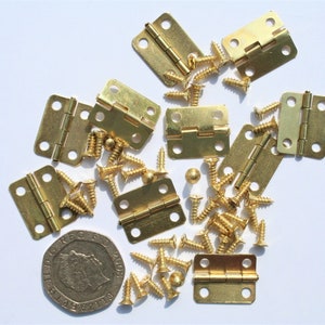 May include: A collection of small, brass-colored hinges, screws, and a coin. The hinges are rectangular with rounded corners and are open and closed. The screws are small and golden. The coin is a British twenty pence piece.
