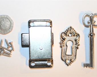 Vintage Style Silver Metal lock with key for wooden box, chest, Trunk, Jewellery Box