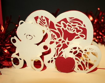 Valentines Card -  Teddy Bear & Heart - 3D Pop-up - Red