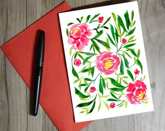 Carte imprimable, pivoines, pivoine, fleurs, fleurs aquarelles, fleur rose, carte pour femme, vierge