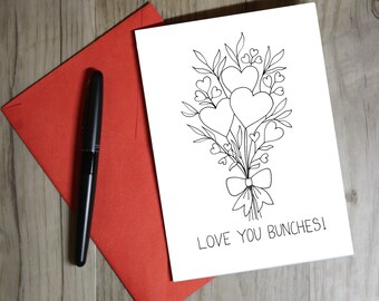 Love You Bunches Print at Home Valentine's Day Card, Card Download, Black and White, Color Your Own Card, Hearts, Love