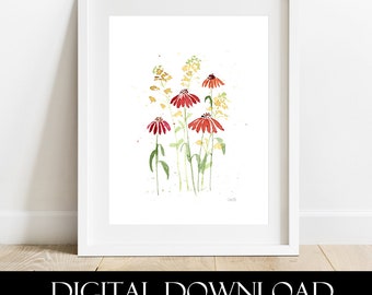 Printable Art, Botanical Print, Floral Print, Print at Home, Digital Print Flowers, Coneflower, Echinacea, Wild Mustard, Wildflowers Art
