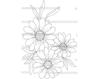 Digital Download, Digital Stamp, Clipart, Daisy, Daisies, Botanical, Floral, Flowers, Hand-Drawn, PNG, JPG