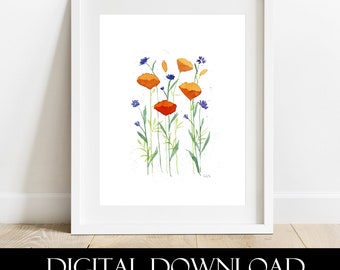 Printable Art, Botanical Print, Floral Print, Print at Home, Digital Print Flowers, California Poppy, Bachelors Button, Wildflowers Art,