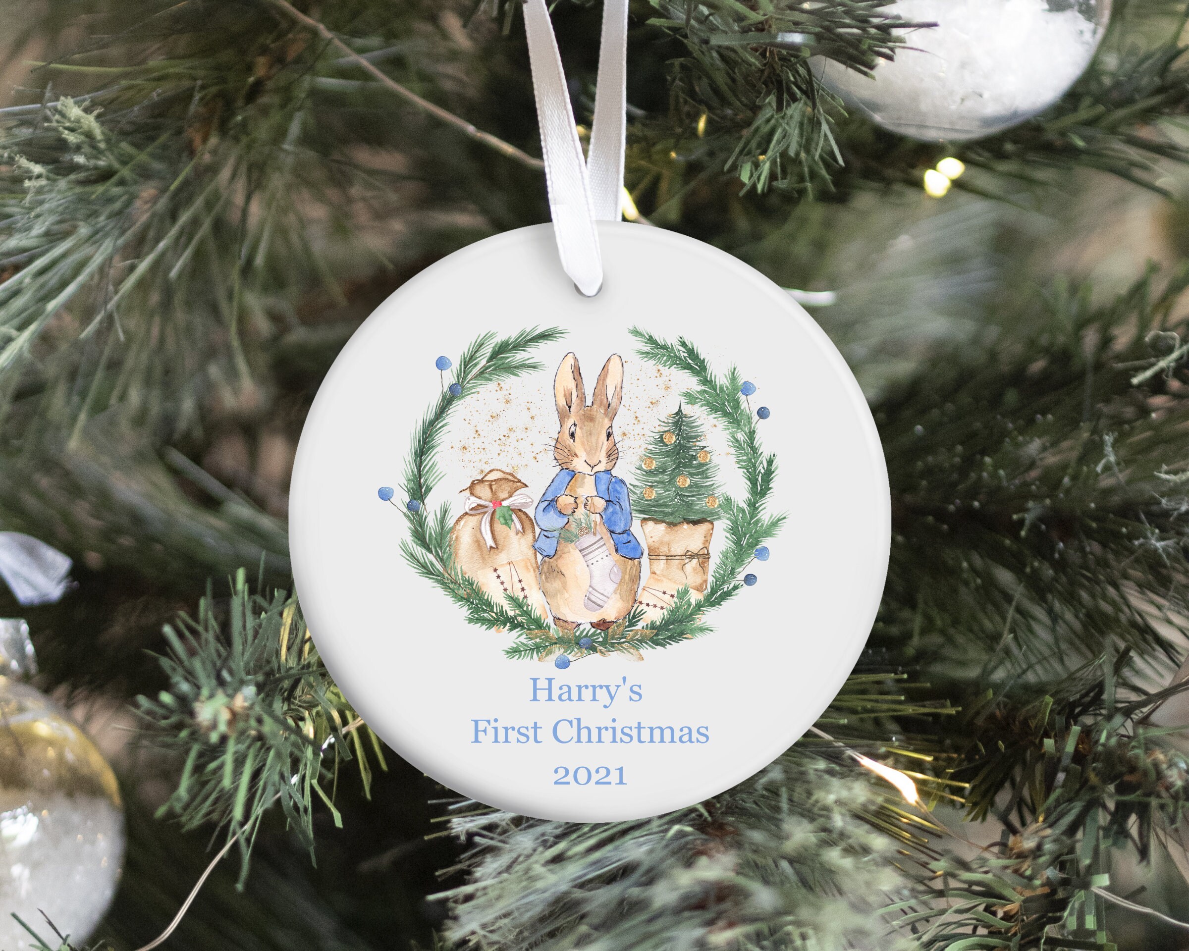 Peter Rabbit Personalised Christmas Ceramic Round Hanging Tree Etsy UK