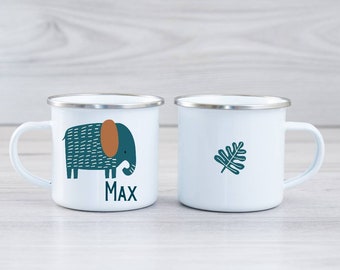 Elephant personalised enamel mug, gift for boy, gift for girl, safari animals, nordic,staycation, camping, kids cup, enamel mug, zoo, jungle