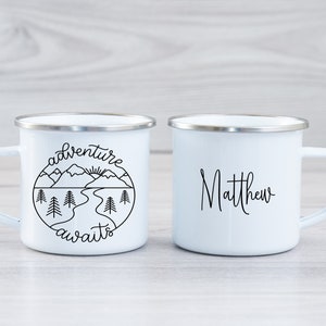 Adventure Awaits personalised enamel mug, gift for him, gift for her, staycation, wedding gift,  camping caravan mug, fathers day, birthday