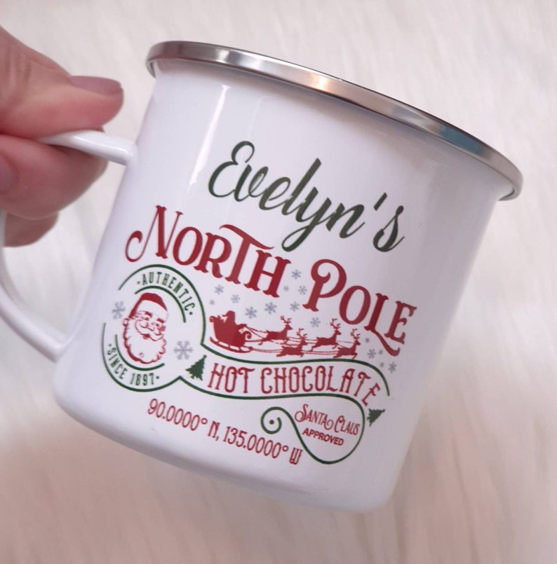 Christmas North Pole Hot Chocolate personalised enamel mug, Santa mug, Christmas eve box, hot chocolate mug, North Pole, Christmas gift, cup 