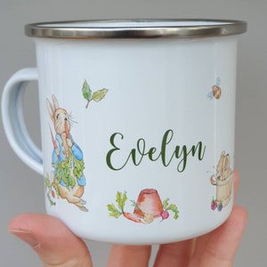 Green Rabbit personalised enamel mug, pastel watercolour design, gift for Easter, gift for boy, gift for girl, Easter present, bunny