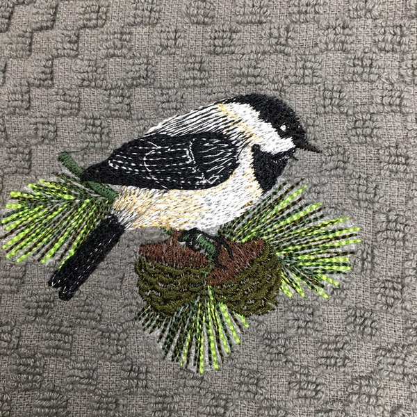 Chickadee hand towel with embroidery