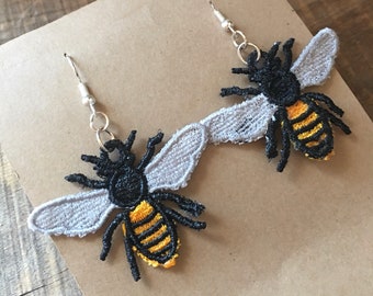 Machine Embroidered Bee Earrings, Lightweight Cuteness