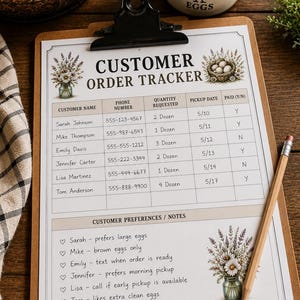 May include: A clipboard with a Customer Order Tracker form featuring a black clip, a wooden pencil, and floral illustrations. The form includes columns for customer name, phone number, quantity, pickup date, and payment status, plus a notes section.