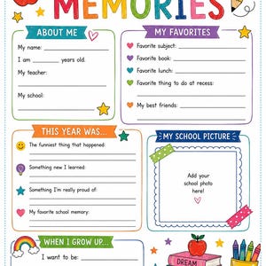 May include: A colorful school memory worksheet titled MY GRADE MEMORIES with sections for About Me, My Favorites, This Year Was, My School Picture, and When I Grow Up. It features illustrations of an apple, pencil, books, and crayons.