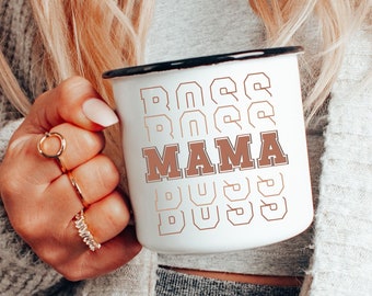 Boss Mama Kaffeetasse: Weiße Keramiktasse mit schwarzem Rand - 11oz