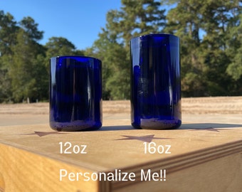 12&16 Ounce Cobalt Blue Upcycled Wine Bottle Glasses (Fire Polished Rim) (Personalized Gift) (Free Shipping) (Customizable) (Engraved)