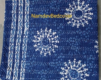 Cadeaux Indigo imprimé Kantha Quilt Floral Couvre-lit Queen size Kantha Quilt Couvre-lit Handblock Indian Cotton Quilt