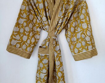 Floral Block Print Cotton Kimono Robe, Plus Size Indian Robe