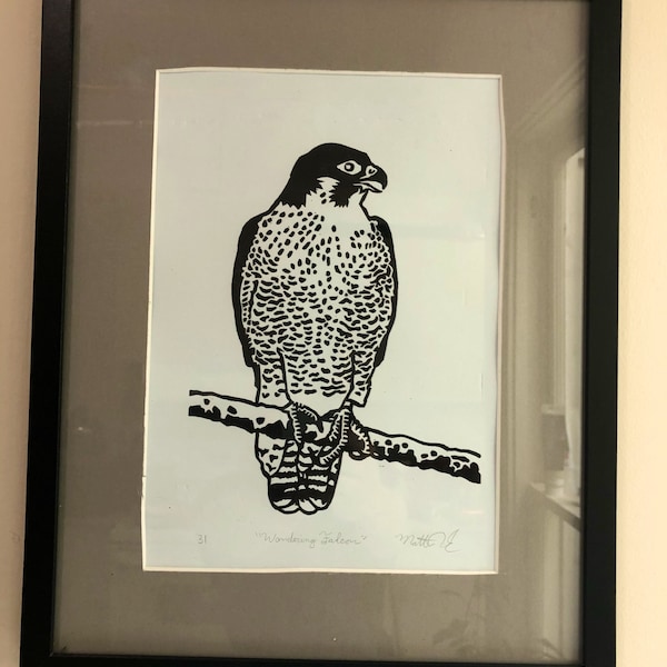 Wandering Falcon Lino-Cut Print