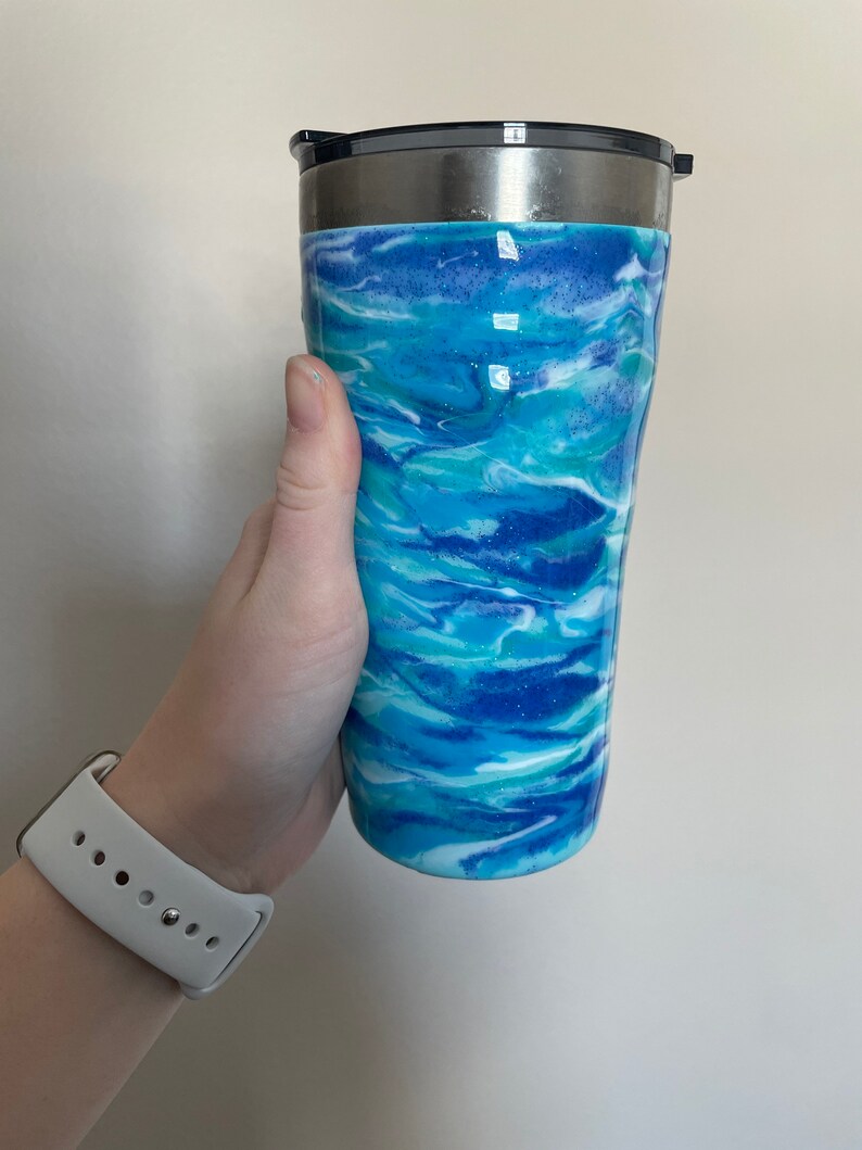 Blue teal glitter marble tumbler