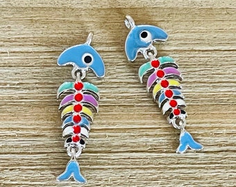 2pcs, Fish Bone Pendants, Fish Bone Charms, Fish Pendants, Enamel Fish Charm, Colorful Fish Charm, Fish Charm,