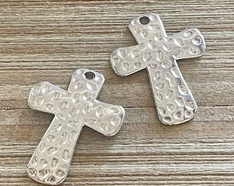 2pcs, Cross Pendants, Hammered Metal Cross, Antique Silver Cross, Cross Charm, Religious Jewelry, Religious Charm, Hammered Charm,