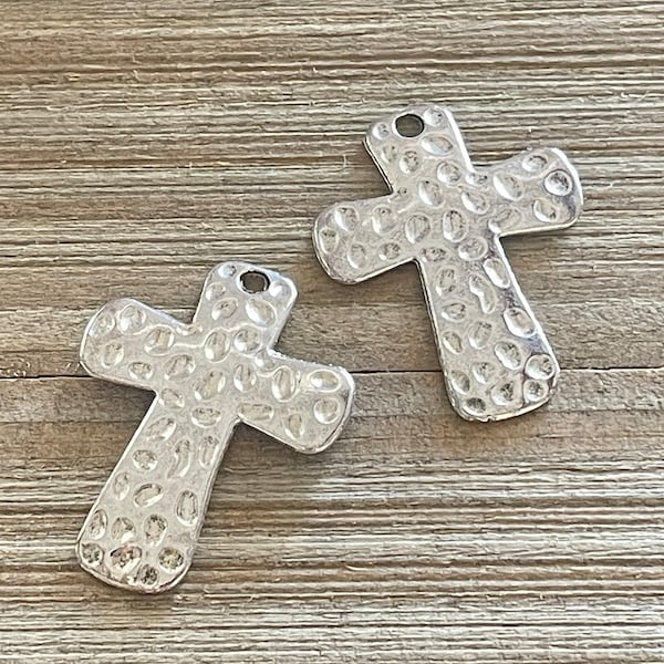 2pcs, Cross Pendants, Hammered Metal Cross, Antique Silver Cross, Cross Charm, Religious Jewelry, Religious Charm, Hammered Charm,