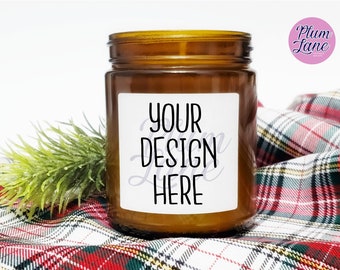 Amber Candle Mockup, Amber Jar Candle Mockup, Amber Jar Candle Mockup with Christmas Plaid, Styled Stock Photography, Digital Download