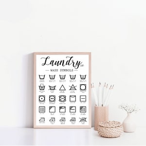 Puede incluir: Un gráfico de símbolos de lavado imprimible en blanco y negro en un marco de madera. El gráfico incluye símbolos para lavar, secar y planchar. El título del gráfico es "Laundry 101 - Wash Symbols".