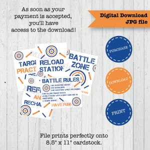 Op de afbeelding: Digitale download met doel-oefening en battle zone ontwerpen. Bevat tekst: "Targi Pract Station", "Battle Zone" en "Battle Rules". De bestand wordt afgedrukt op A4-karton. Inclusief koop-, download- en printknoppen.