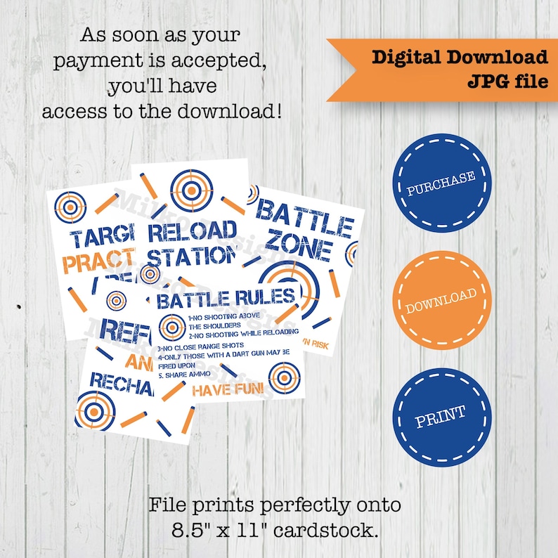 Op de afbeelding: Digitale download met doel-oefening en battle zone ontwerpen. Bevat tekst: "Targi Pract Station", "Battle Zone" en "Battle Rules". De bestand wordt afgedrukt op A4-karton. Inclusief koop-, download- en printknoppen.