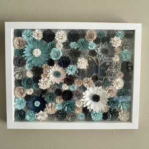 Paperflowershadowbox|paperflowers|shadowbox|wallart|flowershadwbox|woodenbutterfly|paperflowershadowboxframe|11x14|blue|3Dflowers