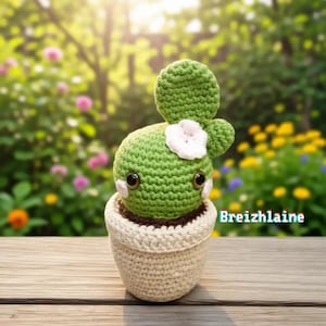 Op de afbeelding: Een handgemaakte groene gehaakte cactus met een witte bloem en zwarte ogen, in een crèmekleurige gehaakte pot. De cactus heeft een uniek ontwerp en staat tegen een vage achtergrond van bloemen en groen. De tekst "Breizhaine" is zichtbaar.