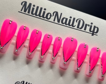 Jelly Pink, Bling, Press on Nails, French Tip, Square, Trendy Nails