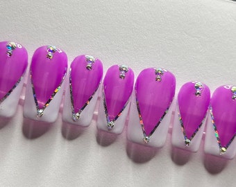 Jelly Purple, Bling, Press on Nails, French Tip, Square, Trendy Nails