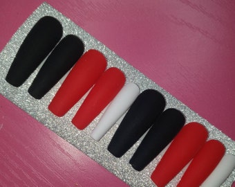 Harmony, Color Block, Press On Nails, Black, White, Red, Trendy Nails