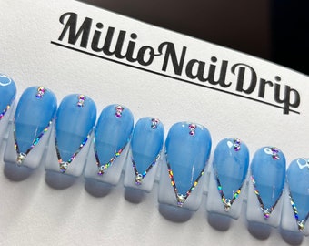 Jelly Blue Bling, Press on Nails, French Tip, Square, Trendy Nails