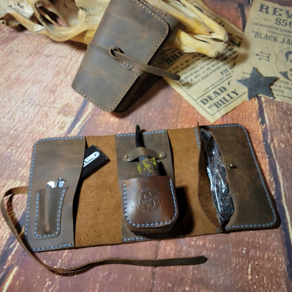 Handmade leather pipe roll, handmade leather pipe bag, leather pipe carrier, leather tobacco bag, leather tobacco case