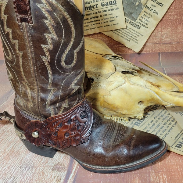 Handmade, Hand Tooled, Leather Spur Straps, Western, Floral