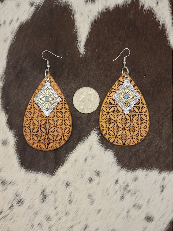 Western Style, Teardrop, Geometric, Leather Earring, Silver