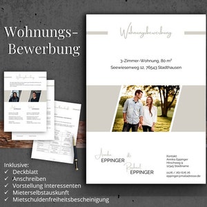Puede incluir: Un documento titulado "Wohnungsbewerbung" con una foto de una pareja e información sobre un apartamento de 3 habitaciones en Stadthausen, Alemania. El documento incluye una lista de verificación de los elementos necesarios para la solicitud, como una carta de presentación, una carta de introducción y un formulario de autodeclaración.