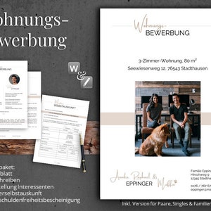 Könnte beinhalten: Ein druckbares Wohnungsbewerbungs-Paket für eine 3-Zimmer-Wohnung, 80 Quadratmeter, in Stadthausen. Das Paket beinhaltet ein Anschreiben, einen Antrag und eine Mieterselbstauskunft. Das Bild zeigt auch ein Paar und ihren Hund.
