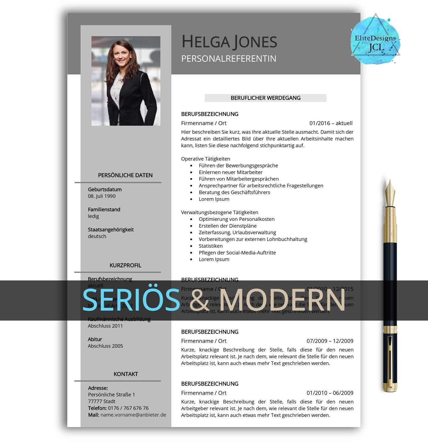 Professionelle Bewerbungsvorlage Deutsch Word Pages Etsy